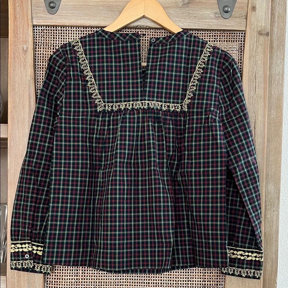NWT J.Crew Embroidered in Gold Holiday Plaid Peasant Blouse Top PXS